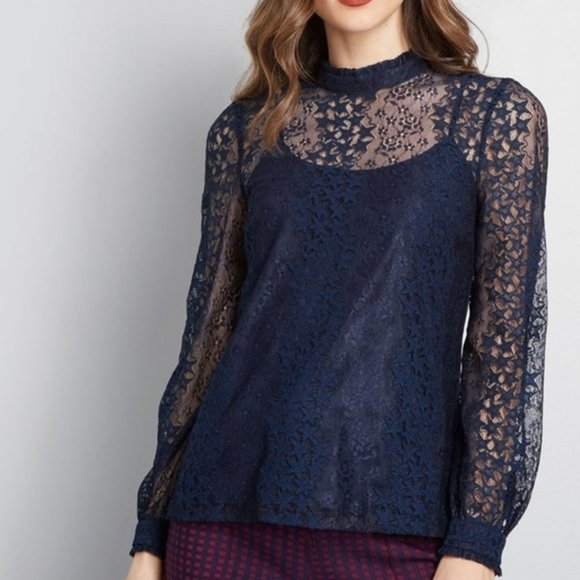 ModCloth Winsome Whims Star Lace Long Sleeved Blouse - Navy - L - Picture 2 of 11
